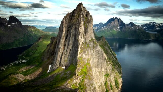Aerial hyperlapse of dramatic Segla mountain and fjord scenery in Norway, with moving clouds and shifting light. Ideal for travel, adventure, nature and cinematic landscape themes