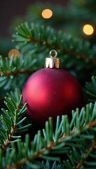 Deep red Christmas ornament nestled amongst pine needles, red, needle, christmas tree