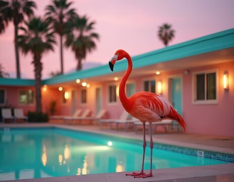 Flamingo stands by turquoise swimming pool at pink retro motel. Palm trees surround hotel under pastel sunset sky. Tropical bird at resort vacation spot.