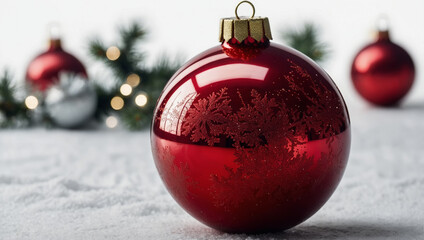 Glossy Red Christmas Ornament on Snow.  generative ai