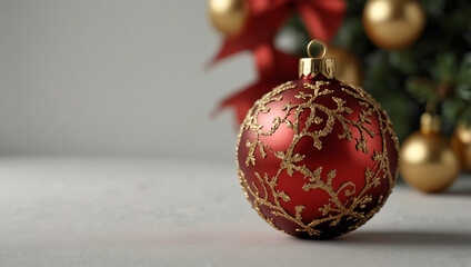 Glossy Red Christmas Ornament on Snow.  generative ai