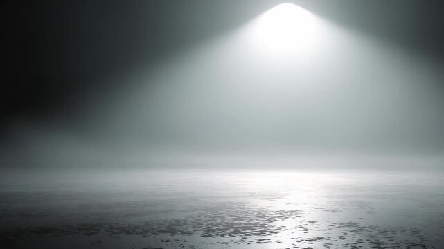 A single bright spotlight illuminates a desolate, mist covered ground, casting ethereal shadows and reflections. The scene feels cinematic, moody, and full of anticipation and mystery - Powered by Adobe