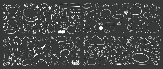 Hand Drawn Doodle Speech Bubbles, Chalk Sketch Icons Set for Creative Design