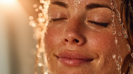Woman Enjoying a Shower with Water Flowing on Her Relaxed Face