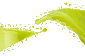 Streams of fresh green vegetable juice connect with dynamic splashes, flying drops, isolated. Spinach, celery juice. Healthy organic drink for design of detox diet menu, fitness cuisine or restaurant.