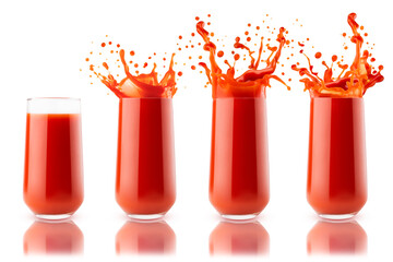 Red fresh tomato juice in glass. Set of four glasses calm, dynamic splashes, flying drops, isolated. Vitamin vegetable smoothie for healthy fitness menu, diet program or wholesome cuisine, detox meal.