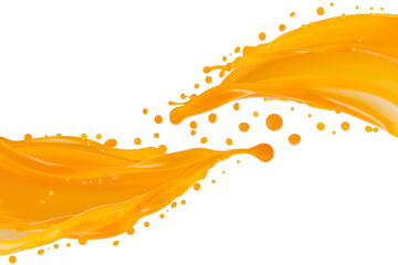 Flows of fresh orange color carrot or mango juice connect with dynamic splashes, flying drops, isolated on white background. Healthy organic drink for design of detox diet menu, fitness cuisine.