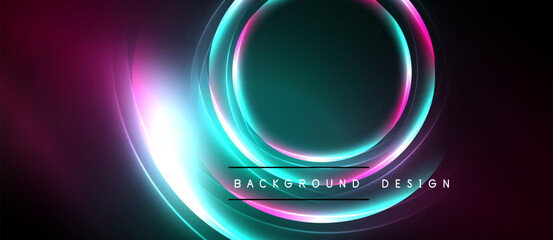Abstract neon lights form circular shapes. Vibrant colors blend into dark background. Text reads background design. Modern, dynamic visual.