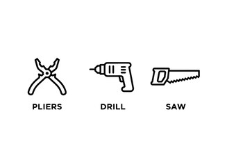 Pliers Drill Saw Minimal Bold Line Icon Set