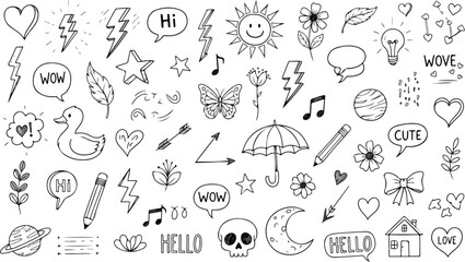 Set of hand-drawn doodle elements including hearts, stars, lines, sparkles, and smiley faces. Perfect for social media, notes, and scrapbooking