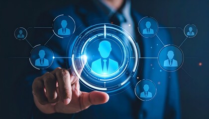 A hand interacts with a glowing, networked interface featuring stylized human figures on a blue background