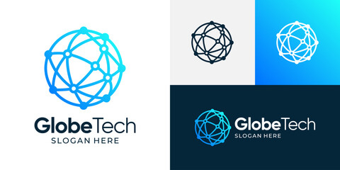 Global tech logo design illustration. Globe design with technology connection vector symbol inspiration