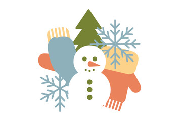 Flat Design Snowman, Mittens, and Snowflake Illustration