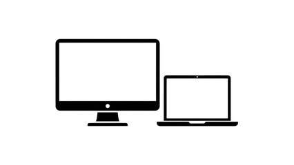 Black silhouette icons of a desktop computer monitor and a laptop with blank white screens, representing technology and digital devices png.