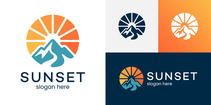 Sunset logo design illustration. Mountain peak design with sun vector icon symbol