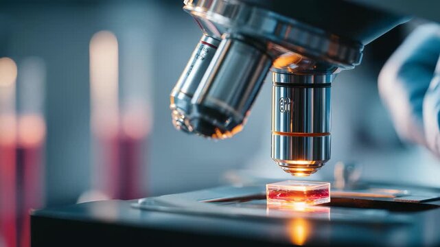 A high resolution image captures a microscope lens focusing on a specimen slide, symbolizing innovation in medical and biological research. The laboratory setting emphasizes precision and technology