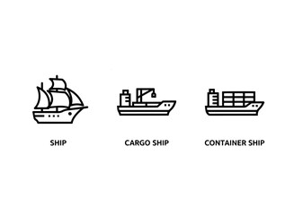 Naklejka premium Ship Cargo Ship Container Ship Minimal Bold Line Icon Set