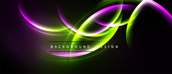 Abstract vibrant curves, glowing lines. Dark background creates dynamic visual impact. Text reads background design. Modern, energetic composition.