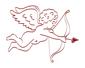 Cupid with a bow and arrow aiming at a heart in a flying position across a simple background