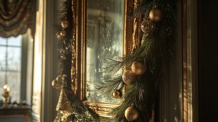 Golden pine garland draped over a tall mirror .