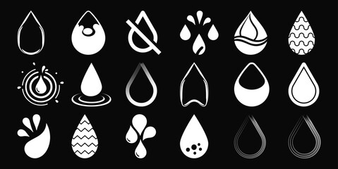 Collection of 21 stylized white water drop icons on a black background