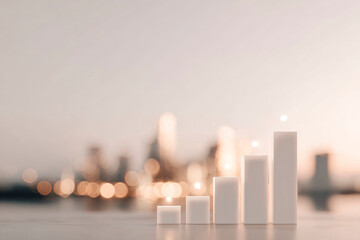 Simple white 3D bar chart on blurred night city background, representing stability, success, and modern business growth concept.