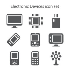 A monochrome vector icon set featuring essential electronic and security devices for modern technology, business, and web design.