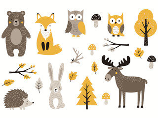 Cute Scandinavian Forest Animals and Trees Vector Illustration Set