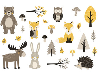 Cute Scandinavian Forest Animals and Trees Vector Illustration Set