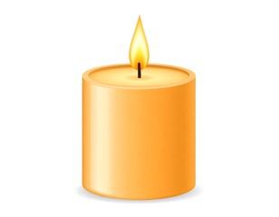 Digitally rendered, lit, cylindrical candle on a white background