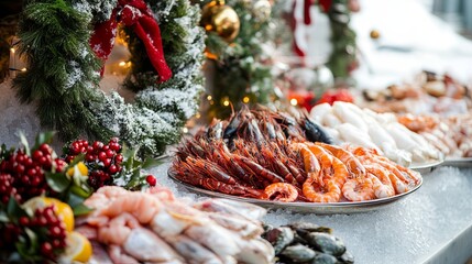 Holiday fish market with wreaths and festive seafood trays .
