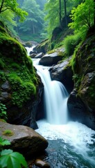 Emerald moss clings to rugged rocks, water tumbling down, image, wilderness