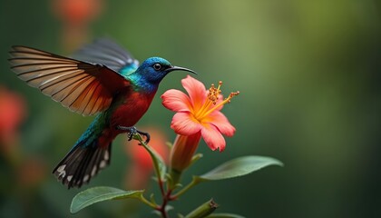 Naklejka premium Tiny sunbird drinks nectar from orange blossom. Bird with blue red green feathers hovers near flower. Macro wildlife nature scene in garden.