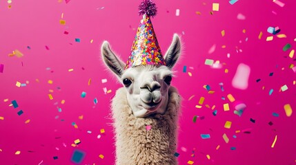 Fototapeta premium Llama in a party hat covered with colorful confetti, surrounded by bright pink tones. .