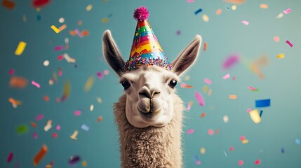 Fototapeta premium Llama wearing a festive party hat with colorful confetti falling around. .