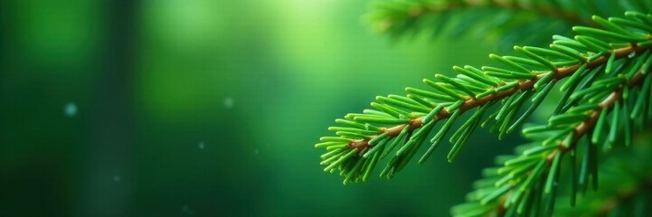 Emerald pine branch, glistening raindrops, soft focus background , closeup, outdoor