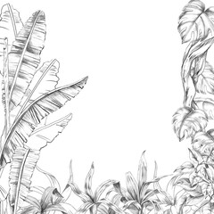 A square frame with banana tree leaves, monstera, and bushes at the bottom. Isolated pencil illustration of the tropics for hotel and restaurant interiors, nature reserve websites, poster printing. © Svetlana