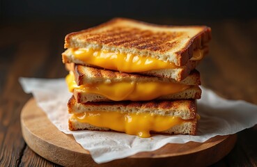 Stack of golden brown grilled cheese sandwiches with gooey melted cheese oozing out. Classic comfort food served on parchment paper on a wooden board. Tasty lunch or snack.