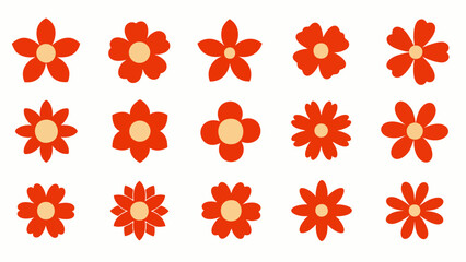 Obraz premium Collection of 15 Red Flowers with Yellow Centers on White Background, Flat Design