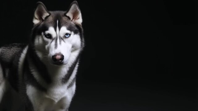 Portrait d'un husky gris et blanc aux yeux bleus isol&eacute; sur la gauche de l'image, avec un espace libre. Le chien en impose par son style. 