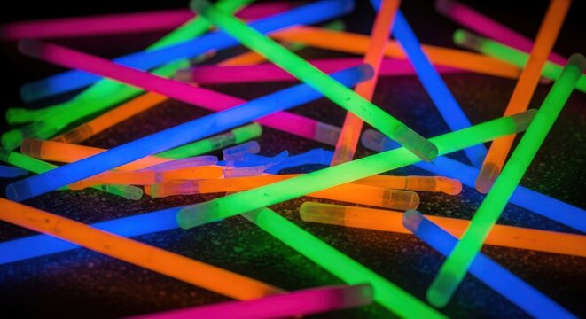 A pile of brightly colored neon glow sticks scattered randomly on a dark surface for a party or rave