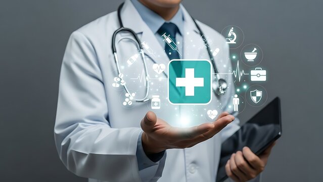 Doctor holding virtual cross icon with medical pharmacy and health icons overlay - Powered by Adobe
