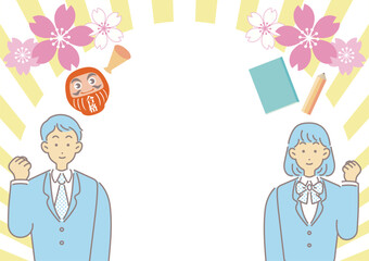 Vector Illustration Frame of Students, Cherry Blossoms, and Daruma