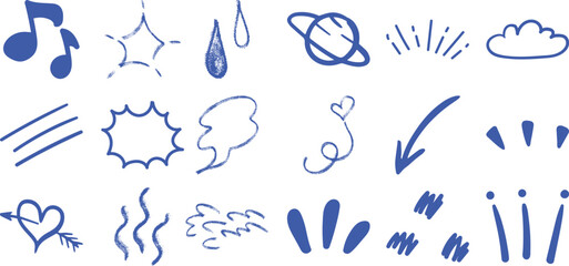 Collection of Blue Hand-Drawn Doodle Icons: Music Notes, Stars, Clouds, Arrows, and More © pixelVista