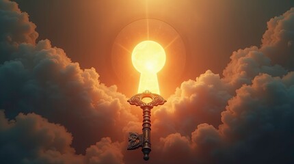 An ornate antique key towards a giant glowing keyhole in the space with intense golden light rays and warm orange-red illumination bursting outward, symbolizing opportunity and unlocking potential.