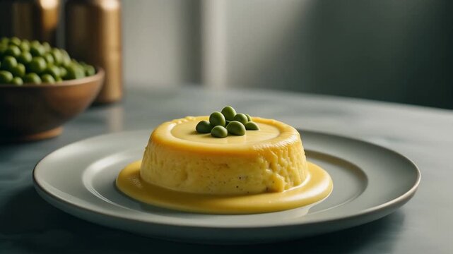 A delicious british pease pudding with creamy sauce and fresh peas is presented on a white plate.