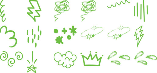 Collection of Green Hand-Drawn Doodle Icons and Symbols on White Background