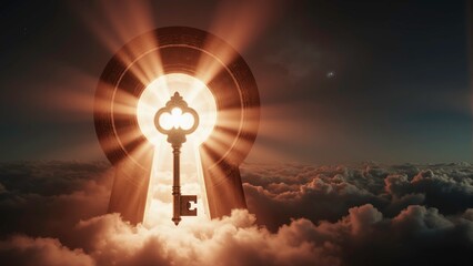 An ornate antique key towards a giant glowing keyhole in the space with intense golden light rays and warm orange-red illumination bursting outward, symbolizing opportunity and unlocking potential.