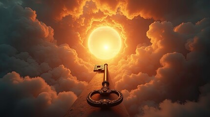 An ornate antique key towards a giant glowing keyhole in the space with intense golden light rays and warm orange-red illumination bursting outward, symbolizing opportunity and unlocking potential.