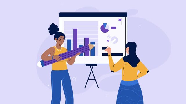 Business Presentation with Data Charts and Graphs. Flat graphic animated cartoon